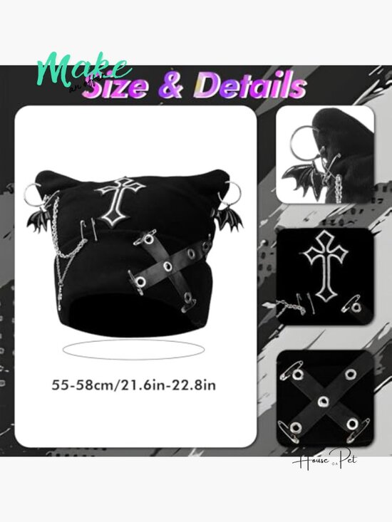 Goth Knitted Beanie with Cat Ears, Fingerless Gloves, and Necklaces Set main image 4
